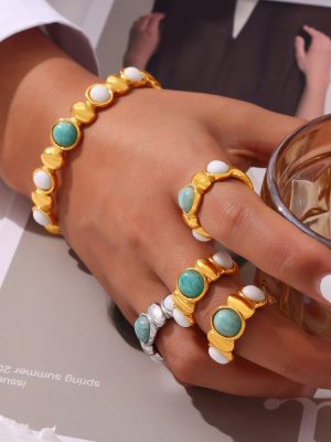 Personality Ornament Geometric Inlaid Natural Stone Stitching round Beads Design Stainless Steel Jewelry Set Middle East