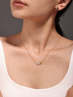 Ornament Inlaid Zircon Four-Leaf Flower Double-Layer Clavicle Necklace Bracelet Women's Stainless Steel PVD Electroplating Set