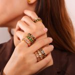 New Multi-Color Inlaid Stone Ring Golden Set Edging Love Square Water Drop round