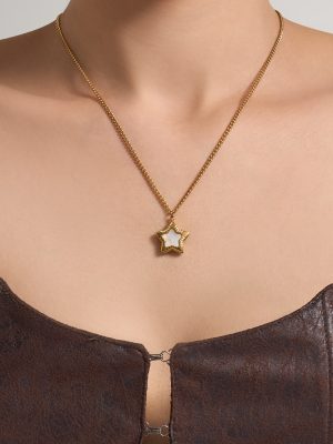 Women's Necklace Star Shell Drop Oil Pendant Stainless Steel 18K Gold Plated French Entry Lux Design Ornament