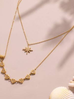 Tassel Fully Jeweled Loving Heart Zircon Pull Clavicle Necklace Eight Awn Star Pendant All-Match Jewelry