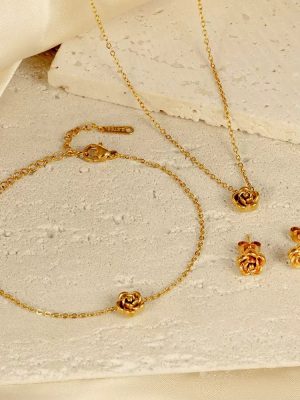 Rose Stainless Steel Earrings and Necklace Set 18K Gold Plating PVD Ear Rings