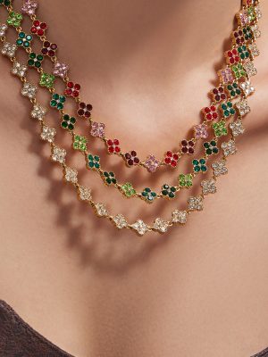 Retro Affordable Luxury Jewelry Set Stainless Steel Gold Plated Clover Zircon Necklace Bracelet Earrings Ornament