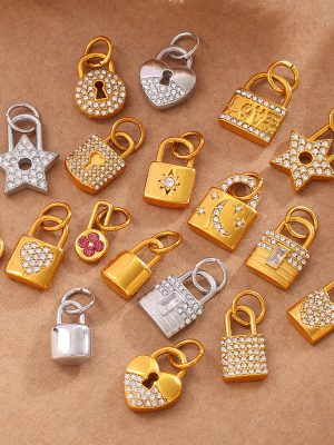 Light Luxury Versatile Various Diamond-Embedded Lock Head-Shaped Pendant Stainless Steel 18K Gold Plated DIY Ornament Accessories