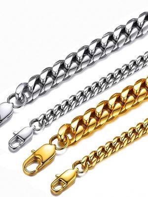 Men's and Women's Grinding Arc Stainless Steel Cuban Bracelet Gold Necklace 18K Plated Necklace
