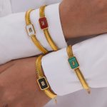 New Geometric Square Inlaid Colored Glassstone Stainless Steel Bracelet Necklace Design Set