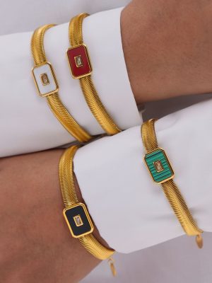 New Geometric Square Inlaid Colored Glassstone Stainless Steel Bracelet Necklace Design Set
