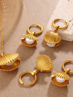 Three-Dimensional Scallop Necklace Earrings Hidden Pearl Design Light Luxury Temperament Accessories Gold Shell Car Accessories