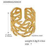 color: A044-Gold Wide Band Cutout Grain Texture Ring / size: US 7