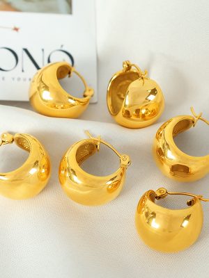 Stainless Steel Gold Glossy Ball Earrings Gold Plated 18K U-Shaped Water Drop Female