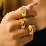 Colorful Crystals Imitation Pearl Ring Retro with Opening Stainless Steel Plated 18K Real Gold Ring