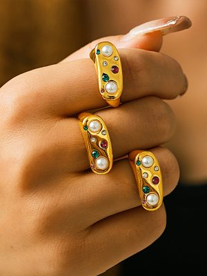 Colorful Crystals Imitation Pearl Ring Retro with Opening Stainless Steel Plated 18K Real Gold Ring