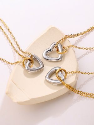 Simple Gold and Silver Contrast Color Hollow Love Necklace Stainless Steel Double Ring Buckle All-Match Clavicle Chain