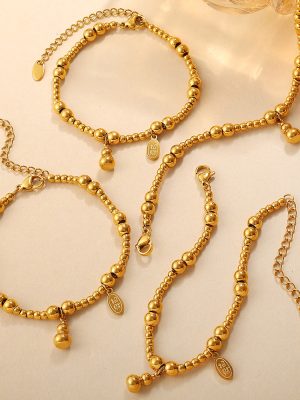 New Chinese Style National Fashion Ancient Style All-Match Gourd Bracelet Stainless Steel Exquisite Light Luxury round Beads