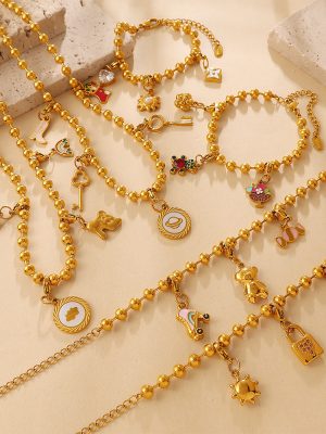 Casual Sweet Cool Key Donut DIY Multi-Element Pendant round Beads Bracelet and Necklace Set Women