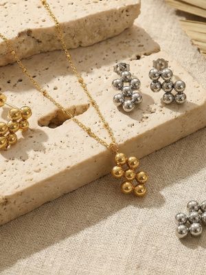 French Style Temperament Small Steel Ball Patch Earrings Necklace Choker Simple Stainless Steel Jewelry Set