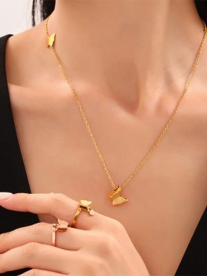 18K Gold Vertical Butterfly Necklace Ring Stud Earrings Light Luxury Stainless Steel Women's Suit Does Not Fade