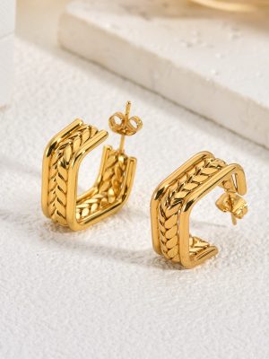 High-end metal wheat stainless steel earrings, geometric twist weave gold-plated women's stud earrings