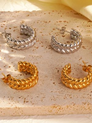 Warehouse Wheat Pairs of Twist Stainless Steel Earrings Women's High-Grade 18K Gold Plating C- Shaped Earrings