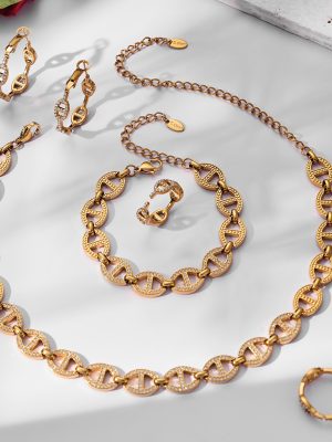 Light Luxury Stainless Steel Inlaid Zircon Pig Nose Button Necklace Bracelet Ring Earrings Set Women's High-End Jewelry