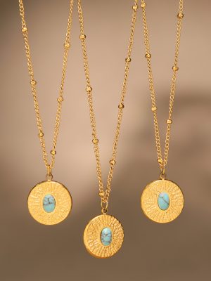 Stainless Steel Bead Chain round Turquoise Clavicle Necklace Plated 18K Real Gold Necklace Color Retention Ornament Women