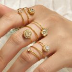 Spherical Flower Inlaid Zircon Ring PVD Vacuum Plating Stainless Steel Simple Hand Jewelry Ring