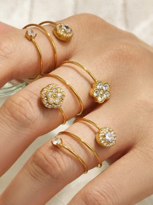 Spherical Flower Inlaid Zircon Ring PVD Vacuum Plating Stainless Steel Simple Hand Jewelry Ring