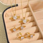 Heart-Shaped Zircon Angel Little Wing Pendant Necklace Earrings Simple Stainless Steel Plated 18K Jewelry Set