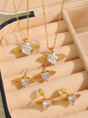 Heart-Shaped Zircon Angel Little Wing Pendant Necklace Earrings Simple Stainless Steel Plated 18K Jewelry Set