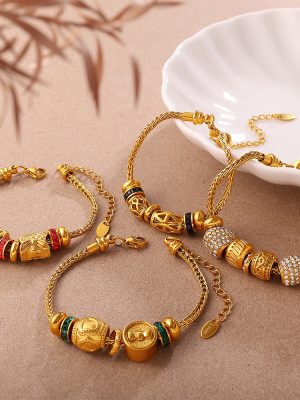 Vintage DIY Snowflake Hollow Jeweled Pendant Bracelet Stainless Steel Premium Gold Beaded