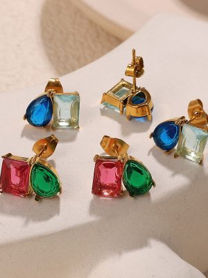 Inlaid Gemstone Plated 18K Gold Earrings Light Luxury Stainless Steel Female