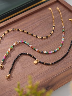 Colorful Natural Stone Handmade Beaded Anklet Female Simple, Temperamental and Personalized Stainless Steel Plated 18K Gold Color Protection Ankle Chain
