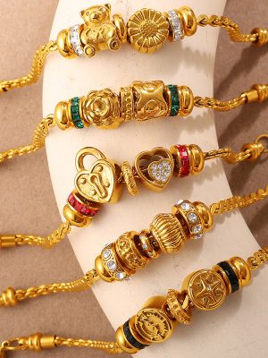 Vintage Stainless Steel 18K Light Luxury All-Match Advanced Gold Beaded Heart-Shape Lock Pendant Bracelet
