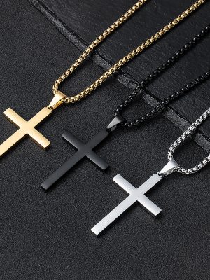 Men's Personality Stainless Steel Cross Shelf Pendant Necklace Hip Hop Versatile Pearl Chain