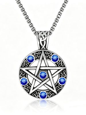 Retro Punk Pentagram Pendant Stainless Steel Diamond Five-Pointed Star Round Brand Men's Necklace Personality Necklace