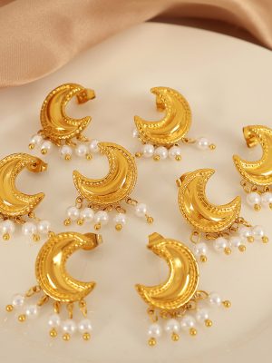 Temperament Entry Lux Moon Tassel Artificial Pearl Earrings Irregular Stainless Steel Earrings Women