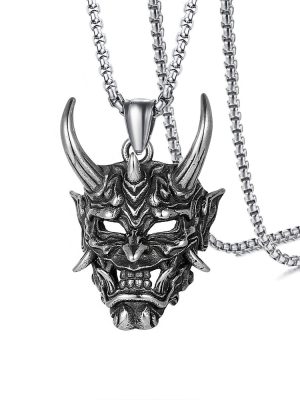 Stainless Steel Men's Gold Horn Prajna Pendant Necklace Fashion Brand All-Matching Clavicle Chain Ghost Mask Halloween Necklace Accessories