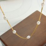 Flat Chain Personality Freshwater Pearl Stitching Chain Necklace Stainless Steel Gold-Plated Collarbone Necklace One Piece Dropshipping