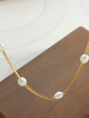 Flat Chain Personality Freshwater Pearl Stitching Chain Necklace Stainless Steel Gold-Plated Collarbone Necklace One Piece Dropshipping