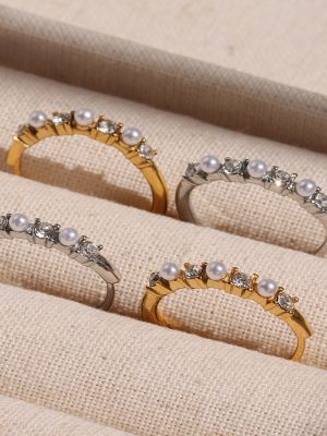 Stainless Steel Diamond Ring Shell Pearls Ring Popular Non-Fading Twin Index Finger Ring