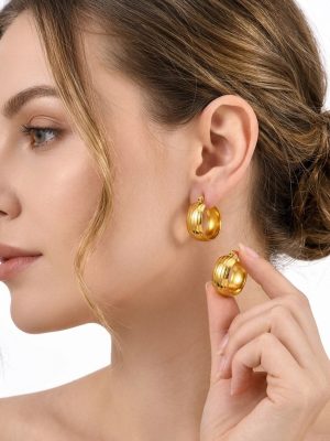 Affordable luxury small pork belly stainless steel earrings, elegant and sophisticated three-strand twisted ear clips with a vintage gold textured finish.