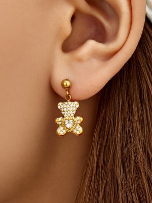 Ornament Female Bear Zircon Earrings Stainless Steel Plated 18K Gold Light Luxury High-Grade Earrings