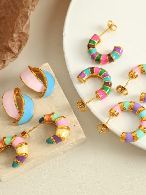 Retro Personality All Match Striped Enamel Dripping Color Geometric Contrast Color Non-Fading Earrings Jewelry for Girls