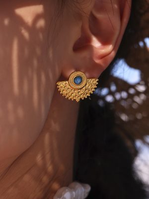 Natural Turquoise Peacock Fan Shaped Stud Earrings Refined Grace Earrings Stainless Steel 18K Real Gold Non-Fading Women