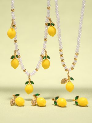 Summer Fresh Resin Lemon Daisy Necklace Handmade Beaded Highlight Shell Pearls Fruit Pendant Necklace Women