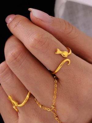Statement Cat Open Index Finger Ring Stainless Steel Gold Plated Color Retaining Ring Ornament