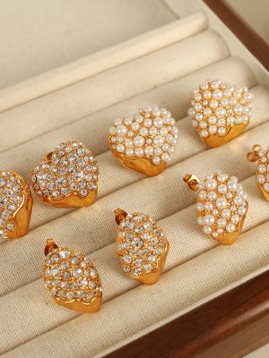 INS Stainless Steel 18K Gold Plating round Heart-Shaped C- Shaped Inlaid Pearl Stud Earrings Earrings Eardrops