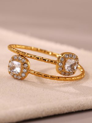 5A Heart-Shaped Zircon Square Ring Fine Circle Open Design Stainless Steel 18K Golden Index Finger Ring Female