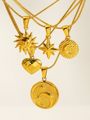 Retro Advanced Smiley Face SUNFLOWER Moon Stainless Steel Plated 18K Gold Necklace Female