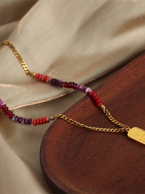 Antique Retro Stainless Steel Gold-Plated Geometric Fortune Tag Natural Abacus Beads Handmade Beaded Necklace Ornament
